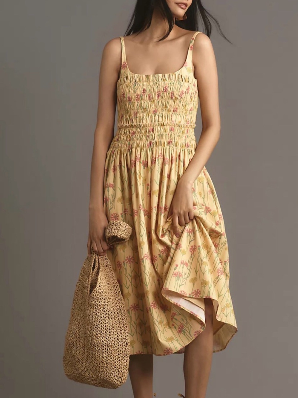 Yellow Floral Smocked Sundress